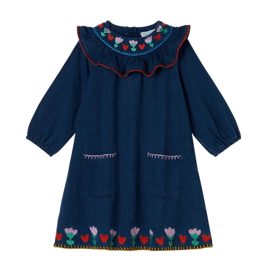KIDS21 Blue Denim Dress for Kids - Hearts & Tulips Embroidered Design