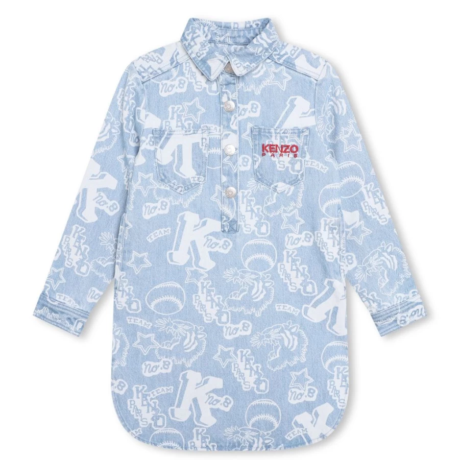 "KIDS21 Light Blue Denim Baseball Print Dress for Kids"