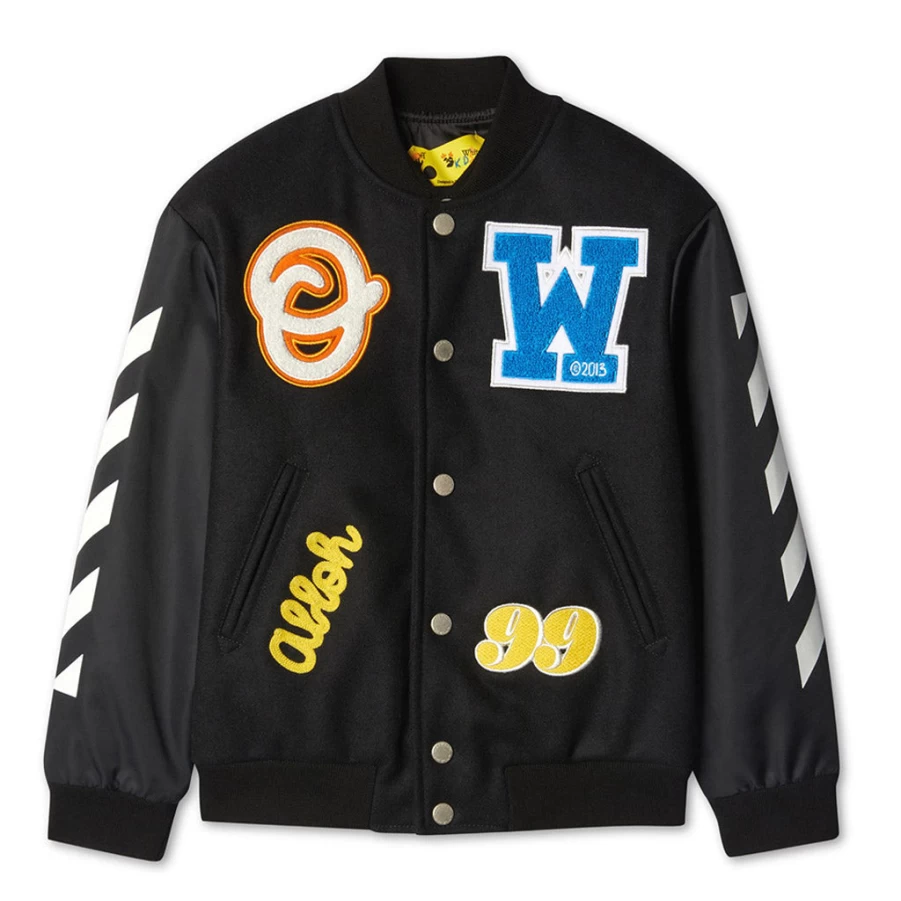 KIDS21 Black OW Patch Nylon Varsity Jacket for Men & Women - Retro Streetwear Style