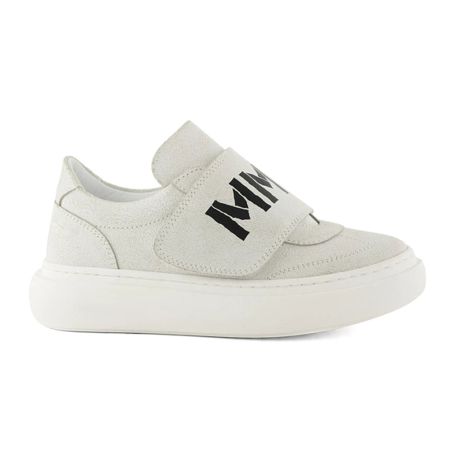 KIDS21 White Leather Velcro Sneakers with Logo Print for Kids