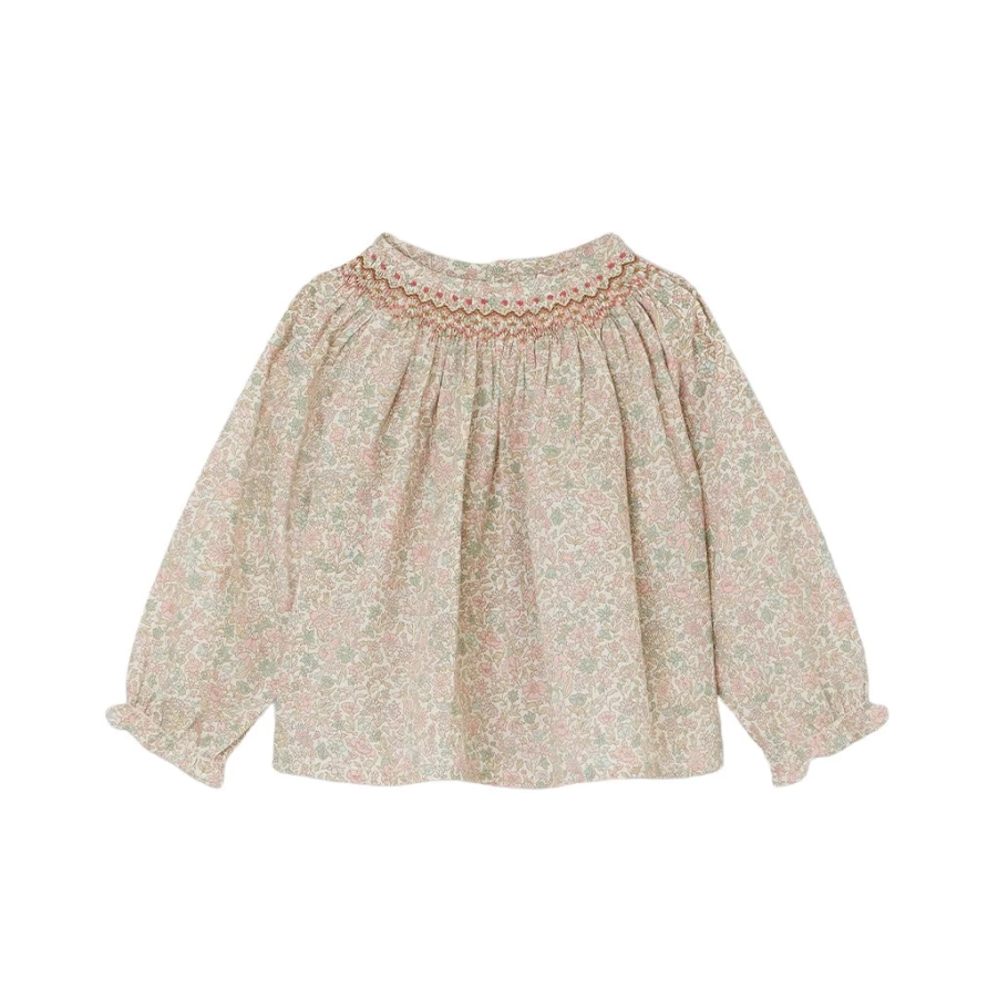 KIDS21 Pink Griotte Smocked Blouse for Girls - Floral Embroidered Top