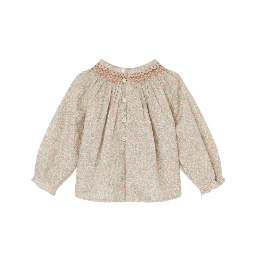 KIDS21 Pink Griotte Smocked Blouse for Girls - Floral Embroidered Top