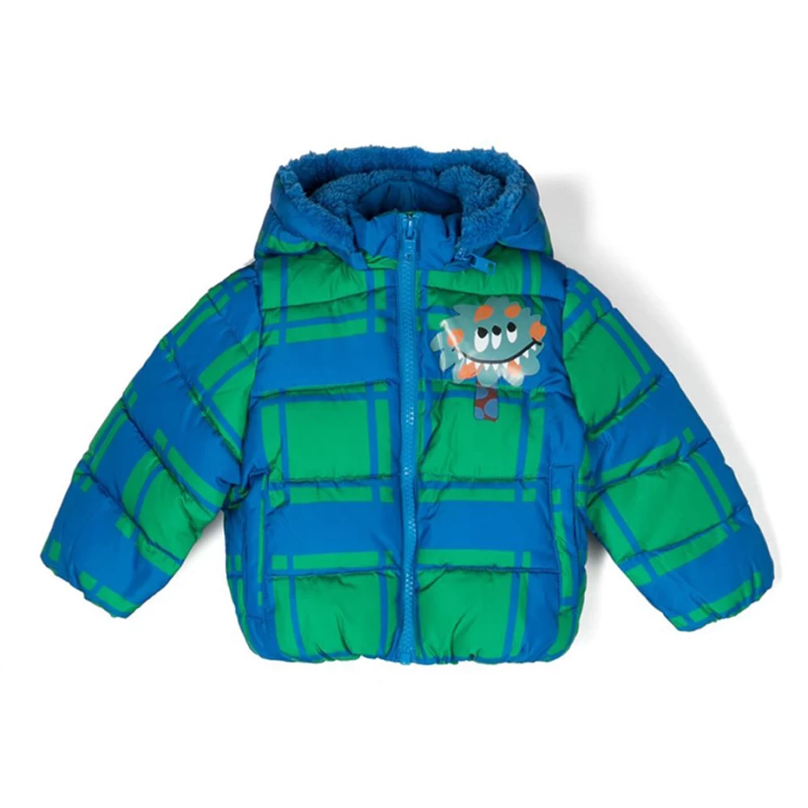 KIDS21 Turquoise Monster Checks Puffer Jacket for Kids - Stylish Winter Coat