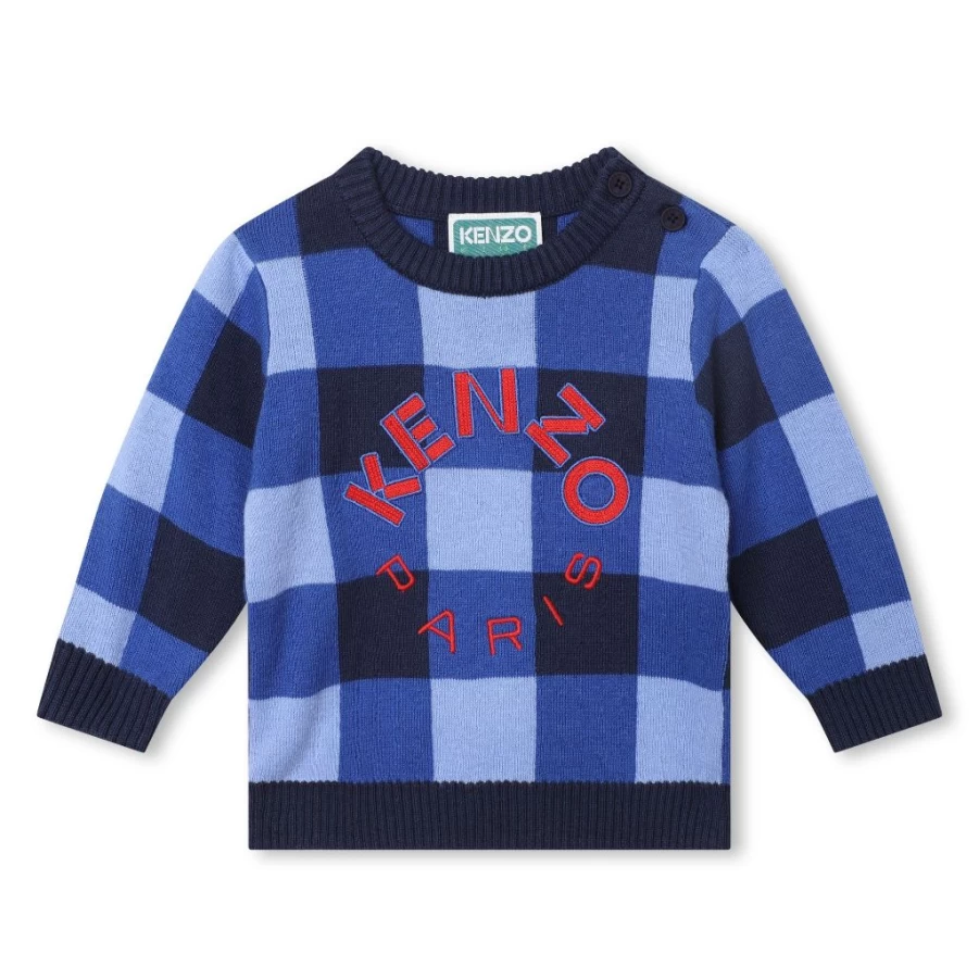 "KIDS21 Navy Tartan Pullover Sweater with Circle Logo - Classic Knit Top for Kids"