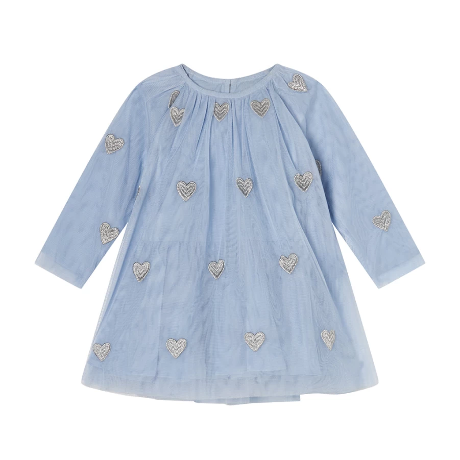 "KIDS21 Light Blue Glittery Hearts Tulle Dress for Girls - Sparkly Party Gown"