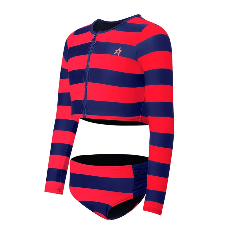 KIDS21 Red Stripe Rash Guard Bikini for Kids - UV Protection Swimwear