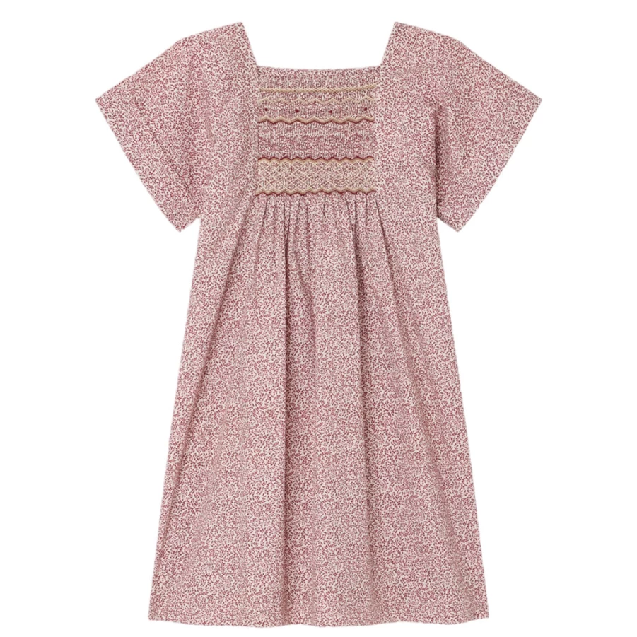 KIDS21 Burgundy Smocked Paysanne Dress for Girls - Elegant Ruffled Detailing